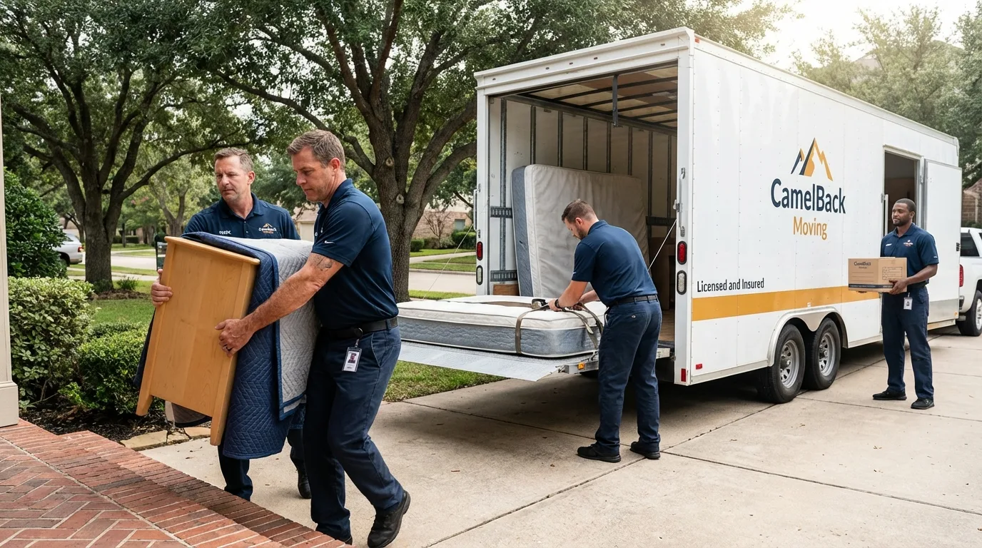 Crew loading residential truck for cross-state move from Rhome, TX