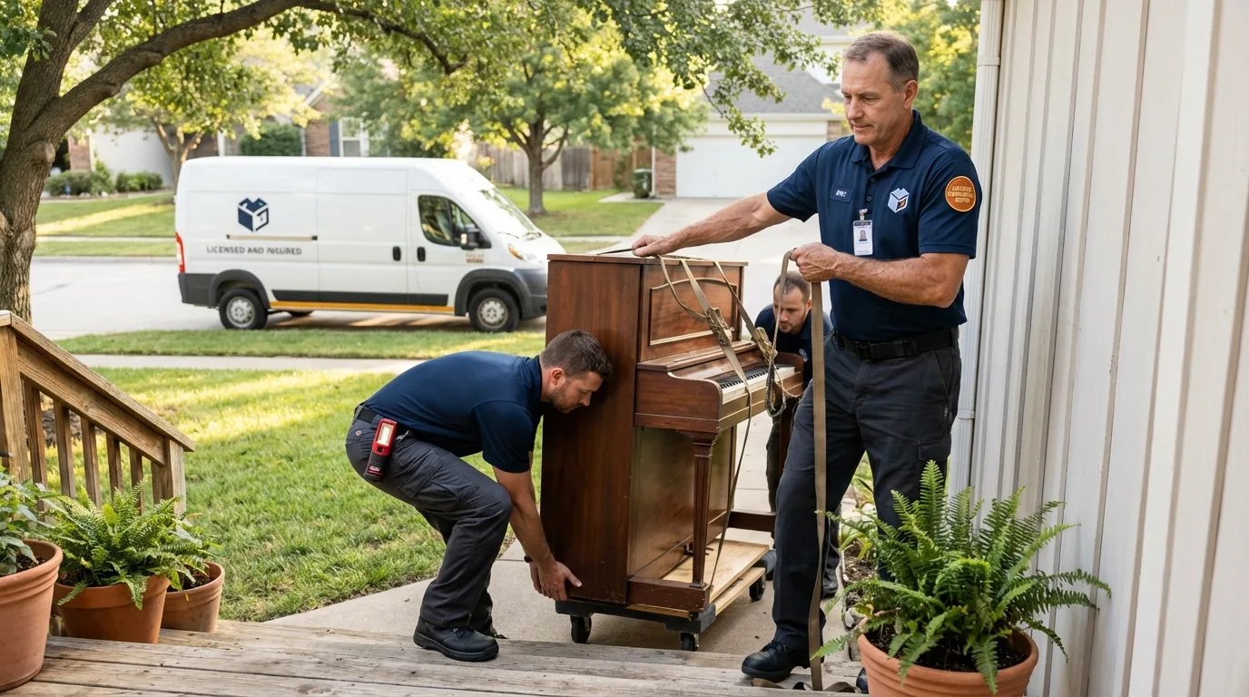 Licensed piano movers securing grand piano in Rhome, TX
