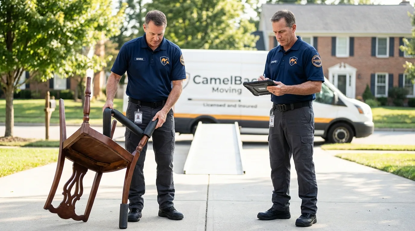 Movers inspecting furniture for damage prevention before loading in Rhome, TX
