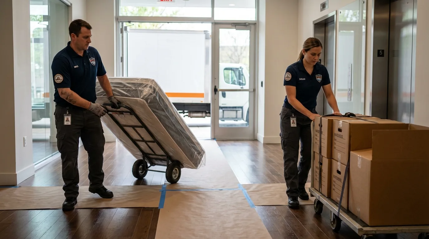 Professional apartment movers loading elevator in Rhome, TX