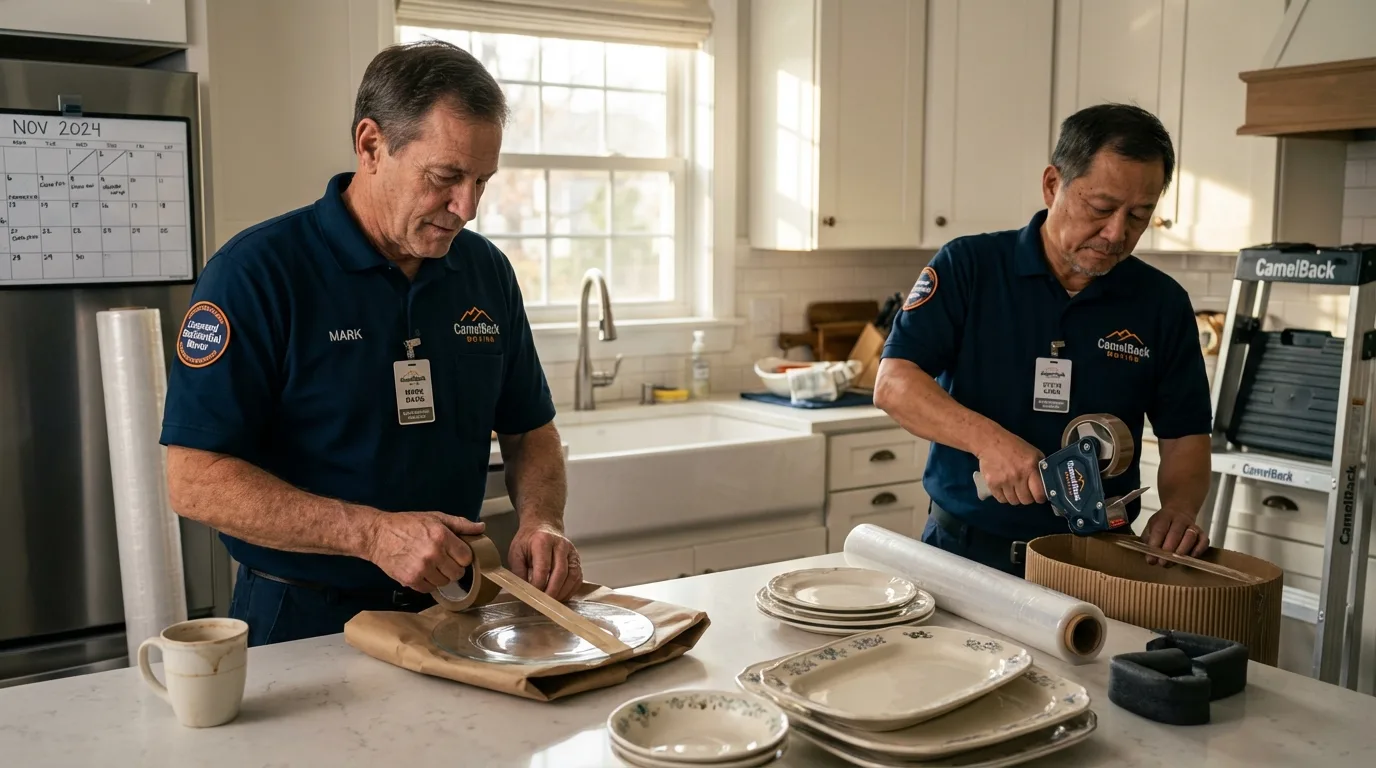 Professional crew packing kitchen dishware in Rhome, TX